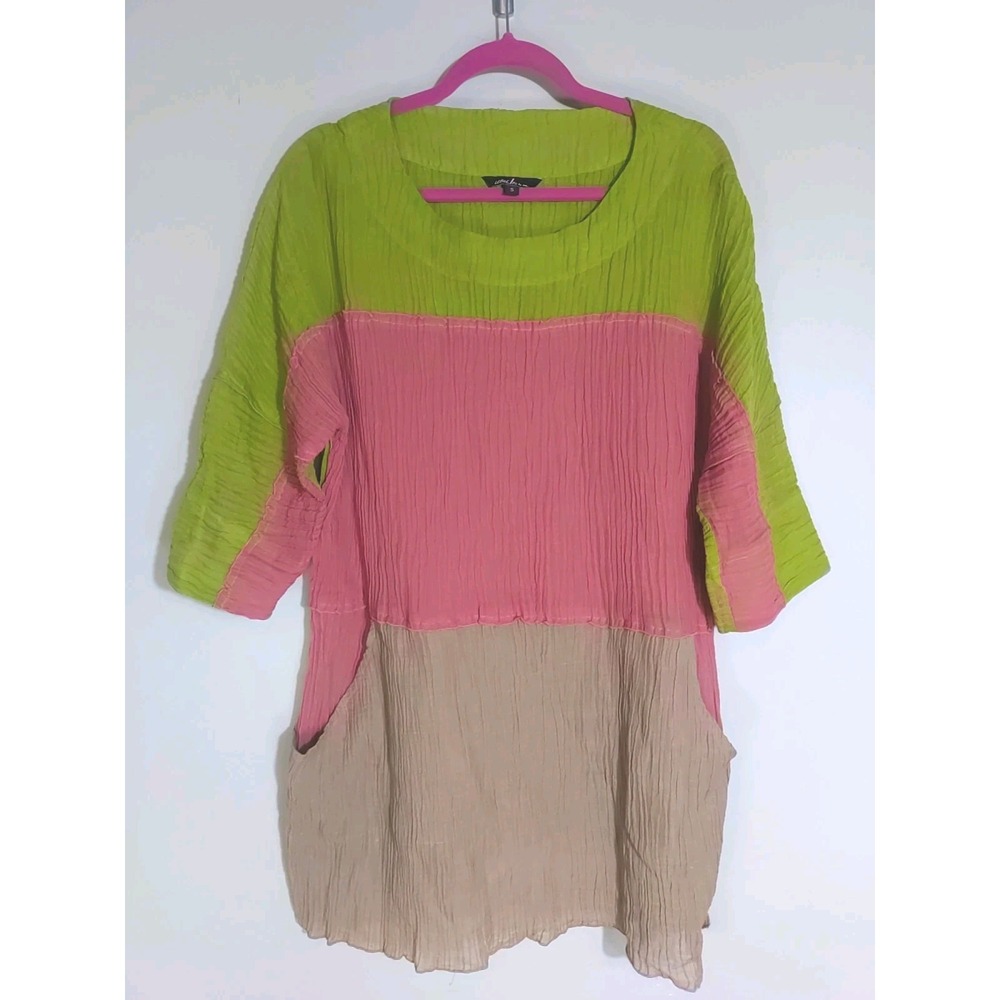 UBU Colorful Stripe Crinkle Crepe Pockets Artsy Tribal‎ Light Tunic Dress Size S